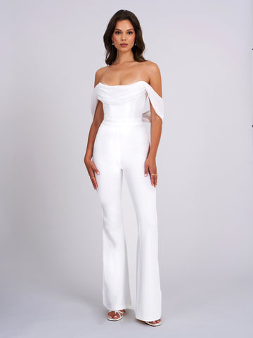 Sherlyn White Off Shoulder Flared Crepe Jumpsuit