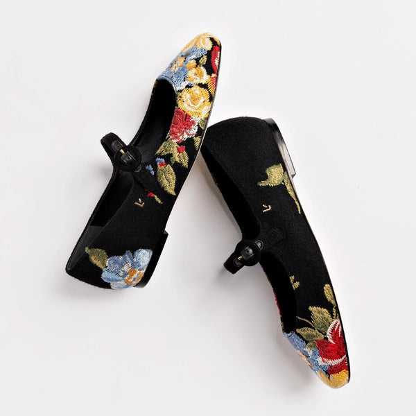 Larroudé x Markarian Flat In Black Wool and Floral Embroidery