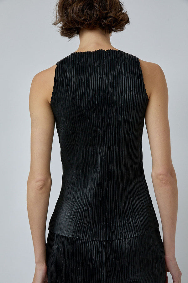 INSHADE Pleated Eco Leather Top in Black