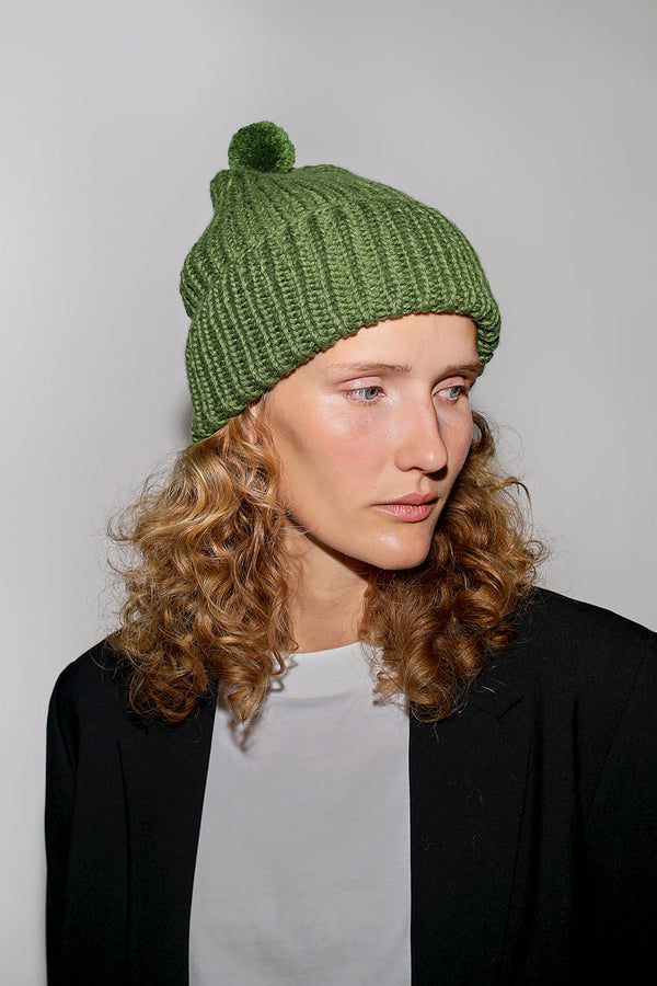 Karakoram Fold Up Long Pom Pom Beanie in Grass