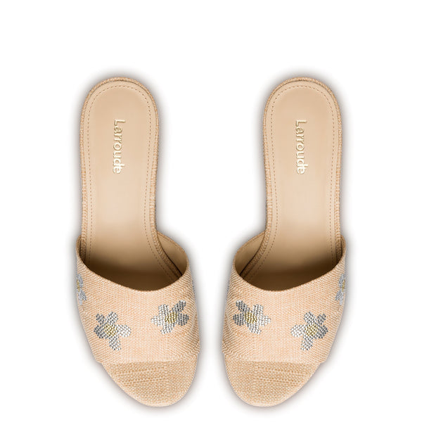 Miso Platform Sandal In Beige Raffia and Floral Crystals