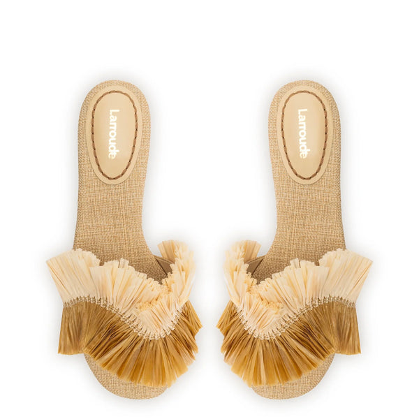 Ivy Fringe Flat In Beige Raffia