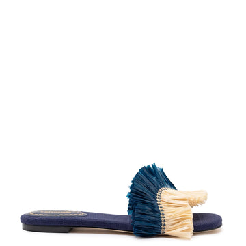 Ivy Fringe Flat In Navy Raffia