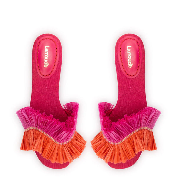 Ivy Fringe Flat In Pink and Orange Raffia