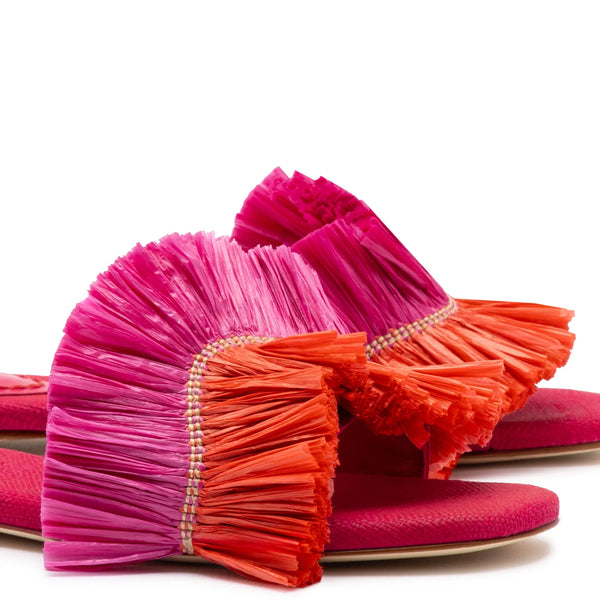 Ivy Fringe Flat In Pink and Orange Raffia