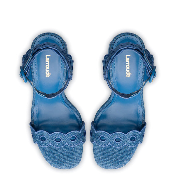 Dolly Broderie Sandal In Blue Stoned Denim