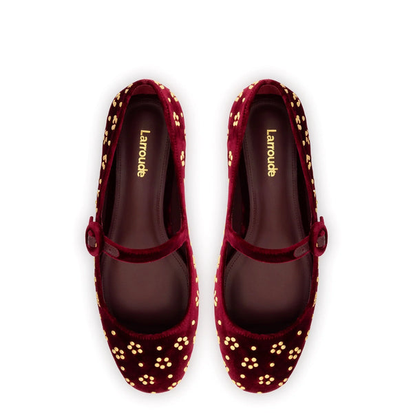 Blair Ballet Flat In Wine Velvet and Gold Studs