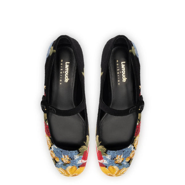 Larroudé x Markarian Flat In Black Wool and Floral Embroidery