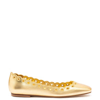 Meghan Broderie Flat In Gold Metallic Leather