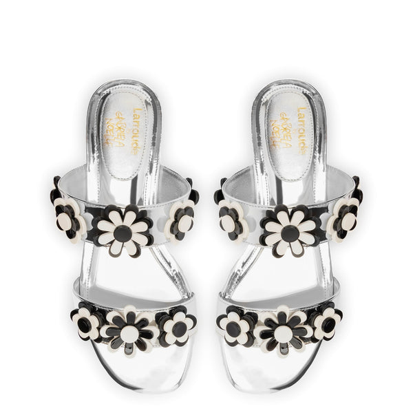 Larroudé x Gabriela Noelle: Blossom Flat Sandal In Silver Specchio and Black and White Acrylic