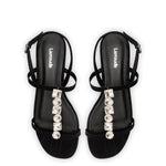 Calypso Flat Sandal In Black Fabric and Crystals