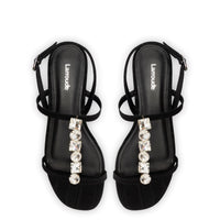 Calypso Flat Sandal In Black Fabric and Crystals