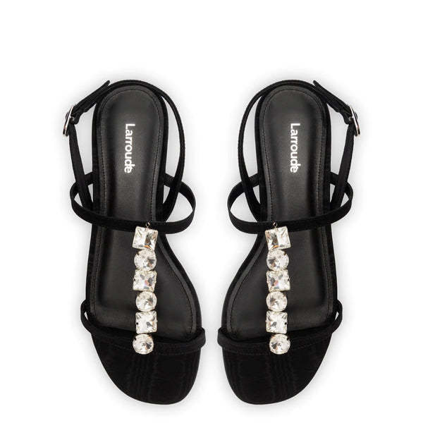 Calypso Flat Sandal In Black Fabric and Crystals