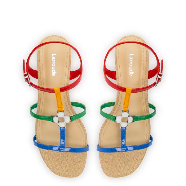 Hana Flat Sandal In Multicolor Patent Leather and Raffia