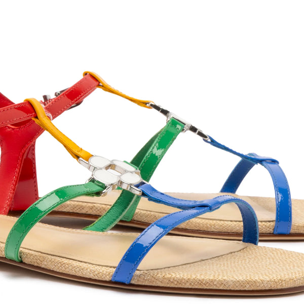 Hana Flat Sandal In Multicolor Patent Leather and Raffia