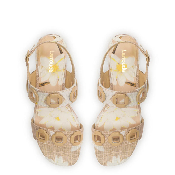 Milan Flat Sandal In Beige Printed Raffia