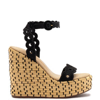 Florence Broderie Wedge In Beige and Black Raffia