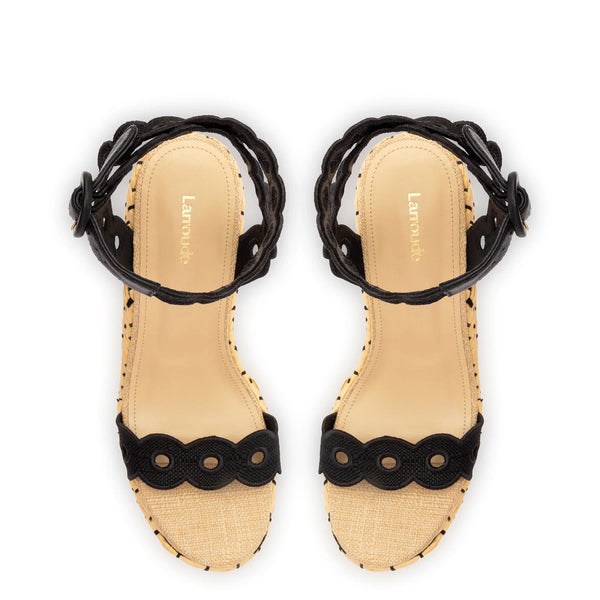 Florence Broderie Wedge In Beige and Black Raffia