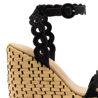 Florence Broderie Wedge In Beige and Black Raffia