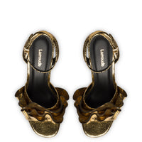 Selena Ruffle Sandal In Gold Cracked Metallic Leather