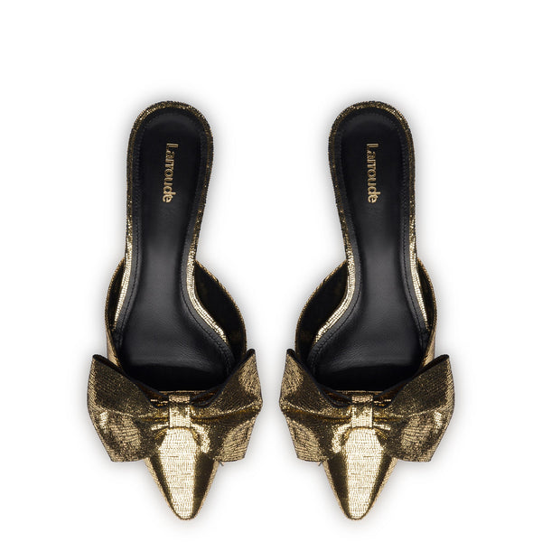 Elle Flat Mule In Gold Cracked Metallic Leather