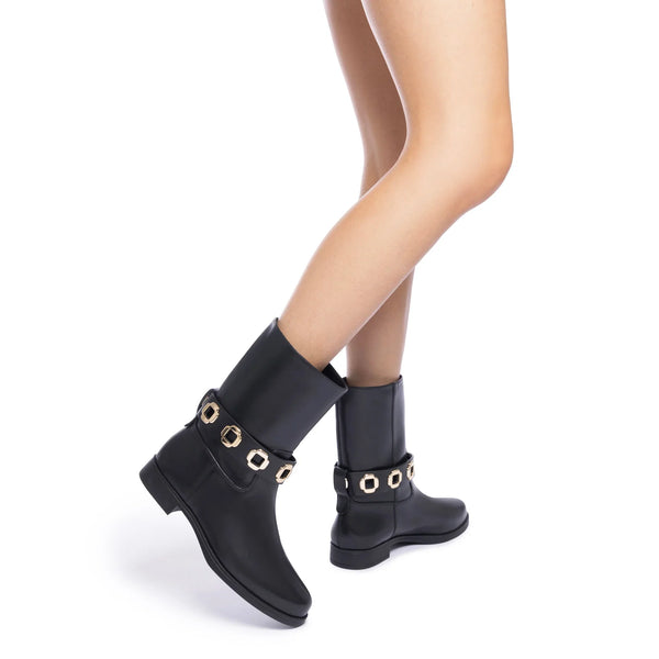 Milan Flat Bootie In Black Water Resistant Leather