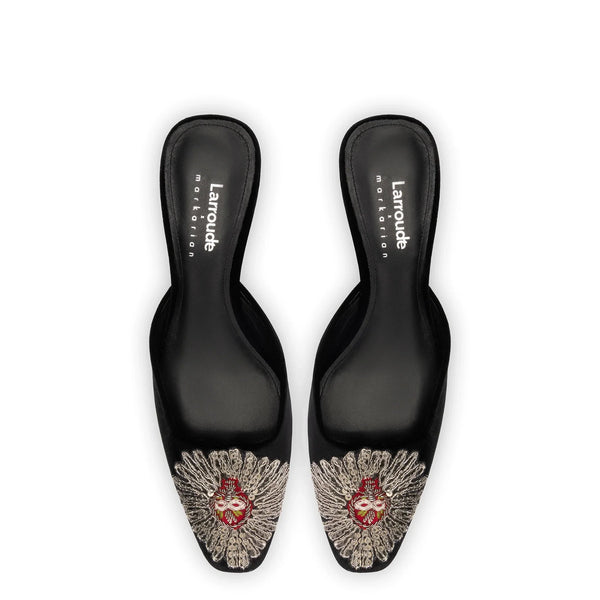 Larroudé x Markarian Mule In Black Velvet and Heart Embroidery