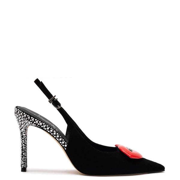 Larroudé x Libertine Lips Pump Hi In Black Suede and Crystals