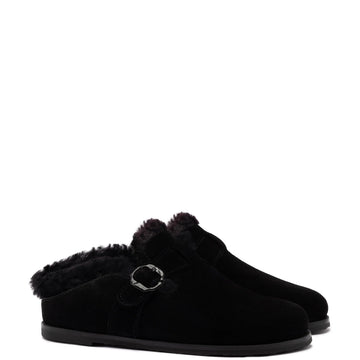 Milan Fur Clog In Black Suede