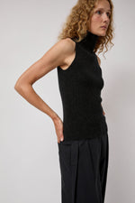 Modern Weaving Cashmere Mock Collar Rib Top in Black Melange