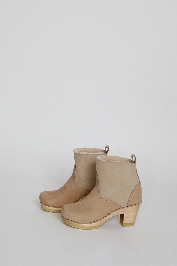 No.6 5" Pull On Shearling Clog Boot on High Heel in Bone Suede