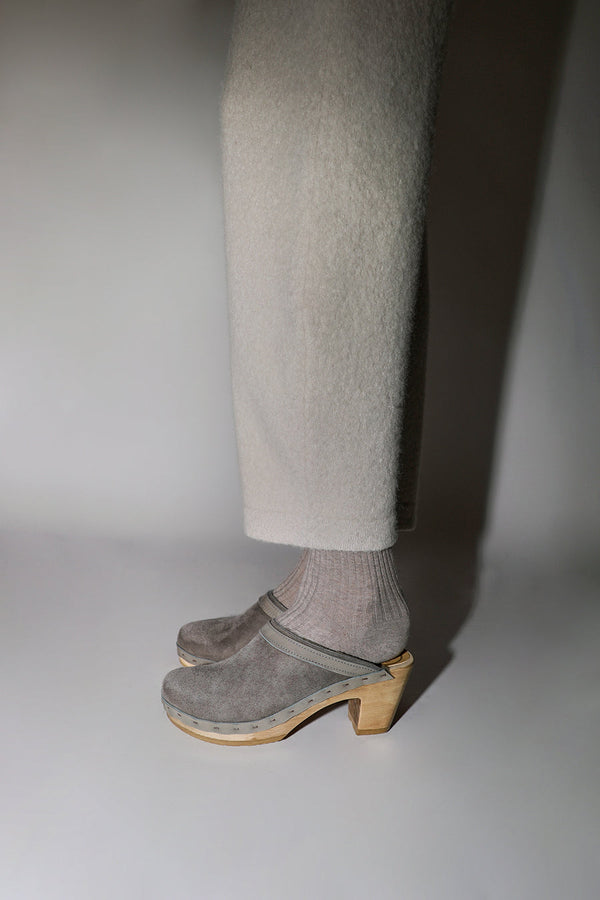 No.6 Dakota Shearling Clog on High Heel in Smoke Suede and Cloud