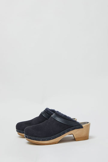 No.6 Dakota Shearling Clog on Mid Heel in Navy and Night