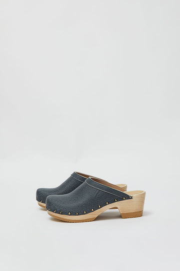 No.6 Old School Studded Clog on Mid Heel in Denim Printed Leather