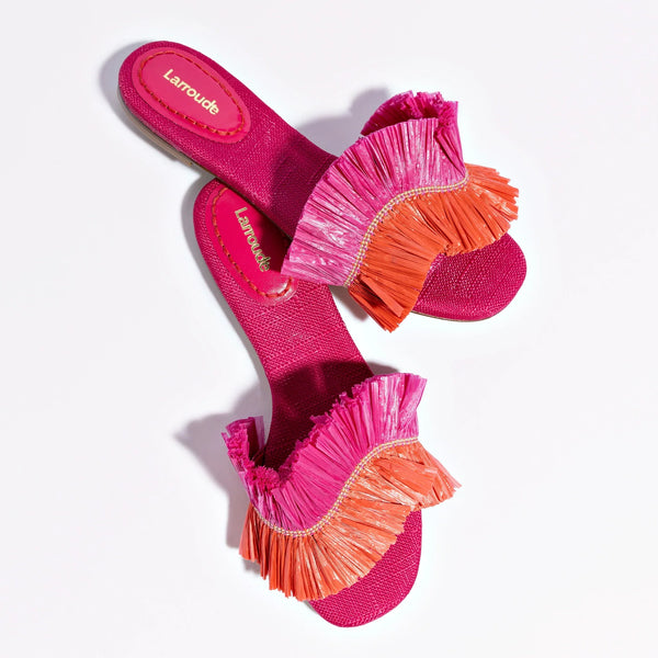 Ivy Fringe Flat In Pink and Orange Raffia