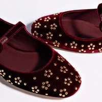 Blair Ballet Flat In Wine Velvet and Gold Studs