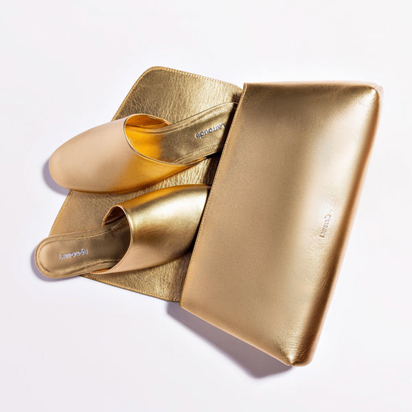 Venice Flat Mule and Pouch Kit In Gold Metallic Leather