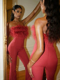 Kylan Burgundy Feather Jumpsuit