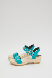 No.6 Two Strap Clog on Mid Heel in Turquoise Patent with Eyelets